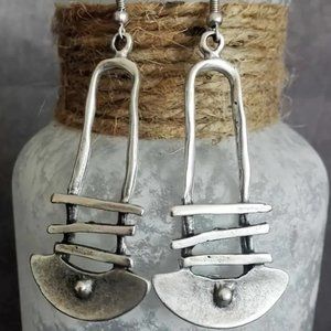 Silver Boho Artsy Half Circle Geometric Pendant Earrings NEW